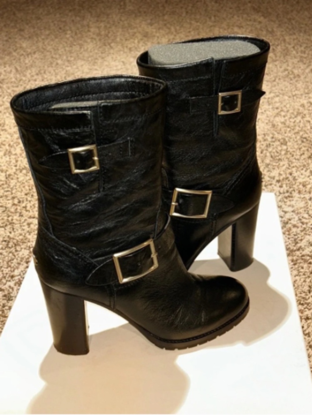 ✨ICONIC JIMMY CHOO DART BIKER BOOTS ✨ Black Leather Size 38 Like New Gold Buckle